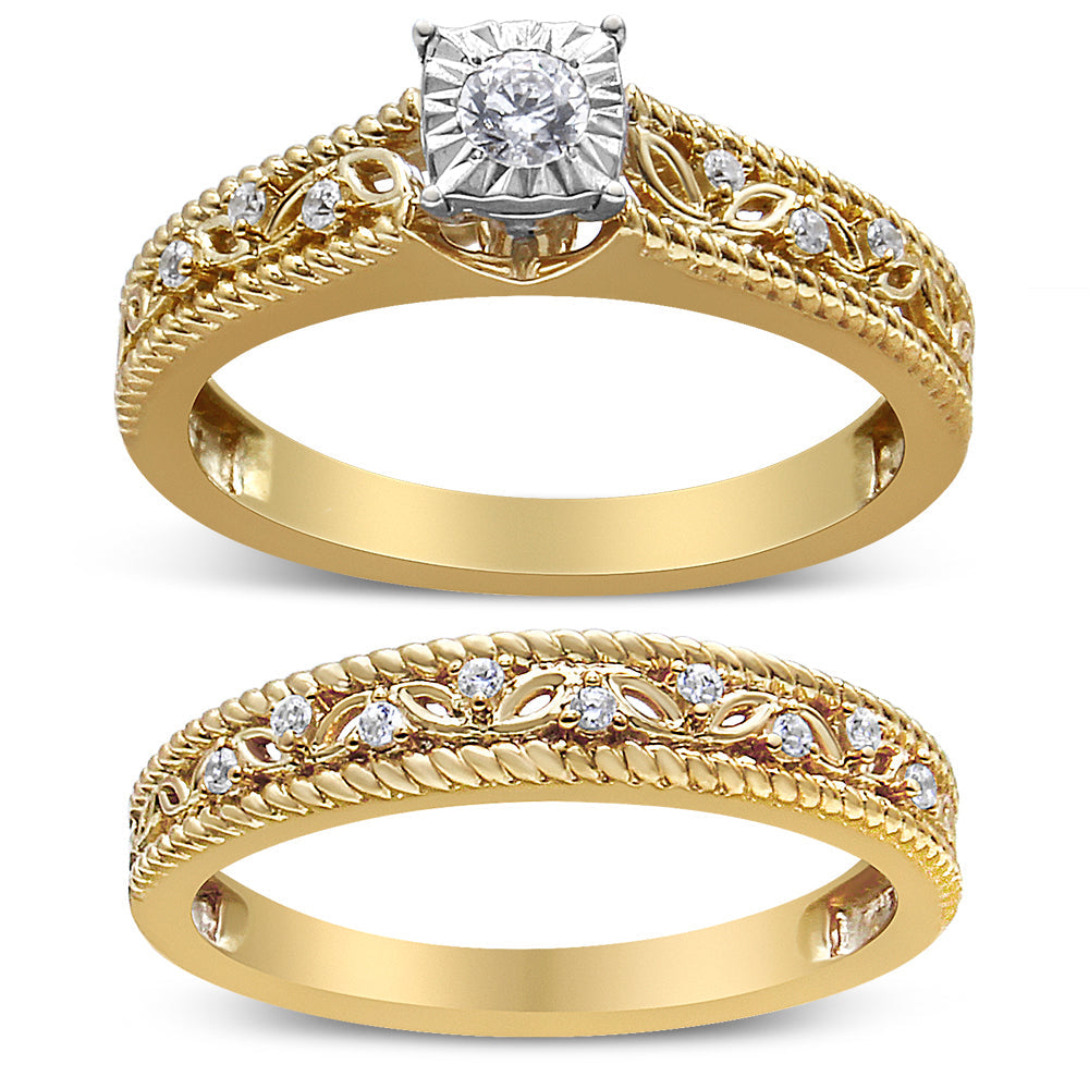 14K Yellow Gold Plated .925 Sterling Silver 1/5 Cttw Diamond Art Deco Style Engagement Ring Bridal Set (I-J Color, I3 Clarity) - Ring Size 7