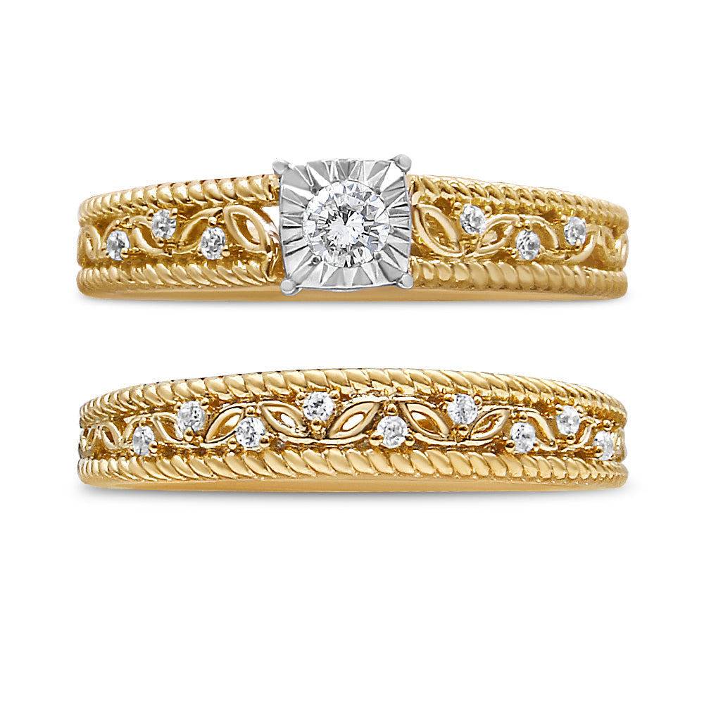 14K Yellow Gold Plated .925 Sterling Silver 1/5 Cttw Diamond Art Deco Style Engagement Ring Bridal Set (I-J Color, I3 Clarity) - Ring Size 7