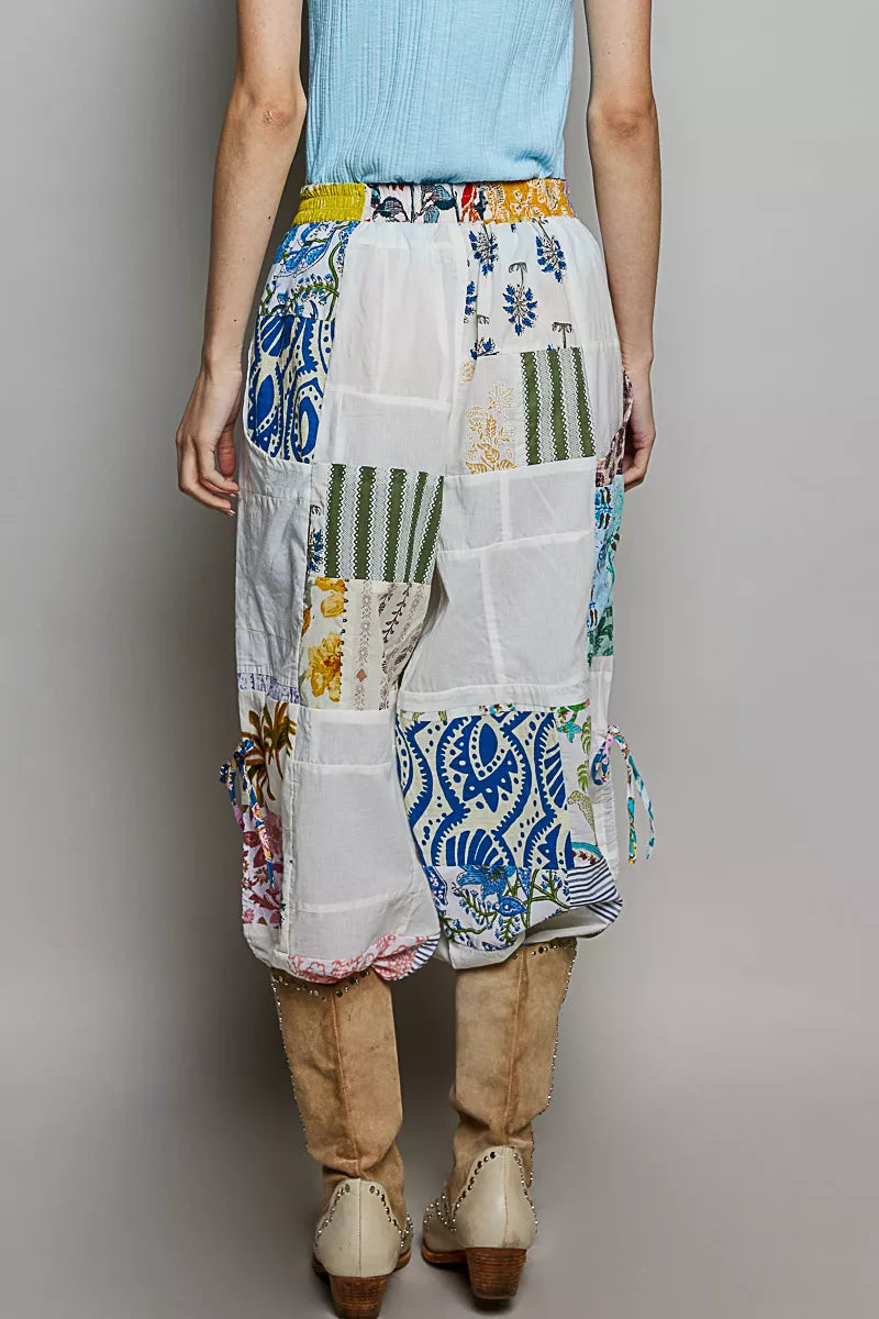 POL Printed Patchwork Wide Leg Pants with Adjustable Side Drawstring