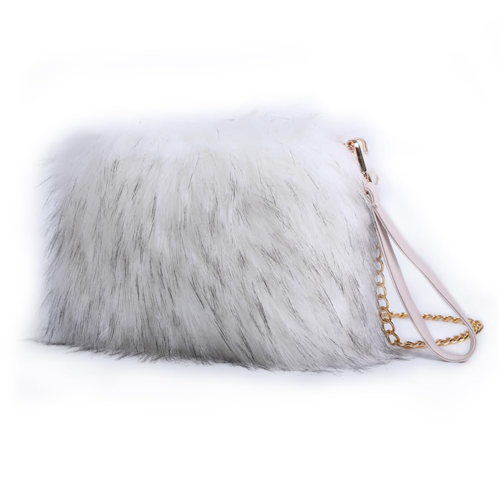ZOSCGJMY Evening Faux Fur Handbags for Women Furry Fluffy Fuzzy Bags Purse Crossbody Shoulder Strap (White-2)