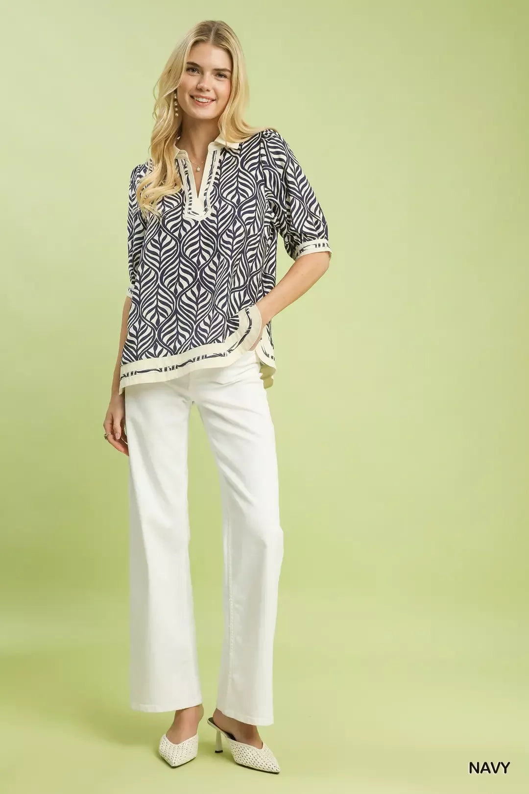 Umgee Geometric Leaf Print Popover Top