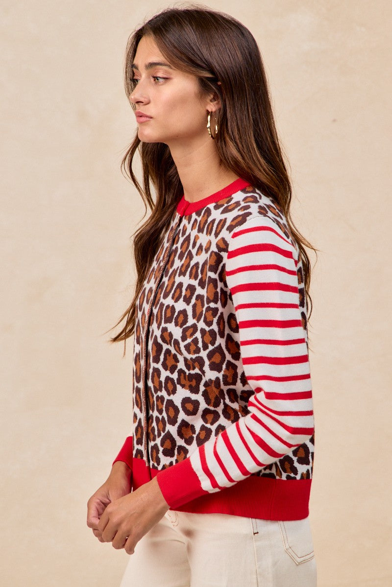 BiBi Leopard With Stripe Combo Buttoned Cardigan