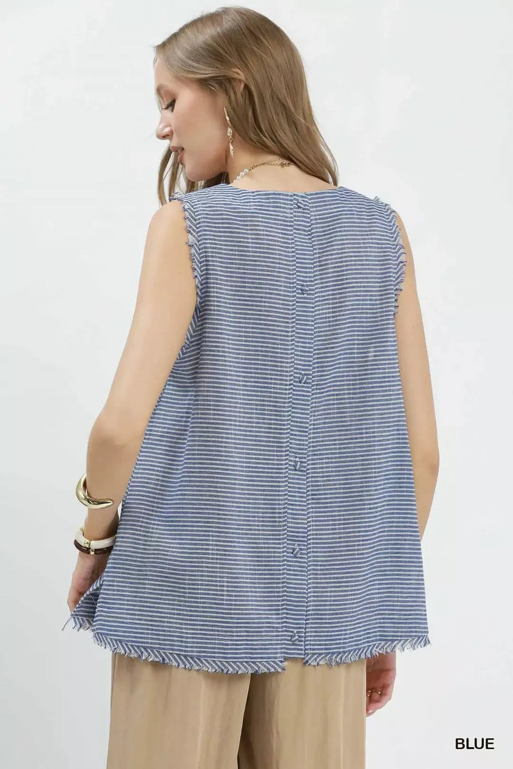 Umgee Stripe Fringe Trim Sleeveless Top