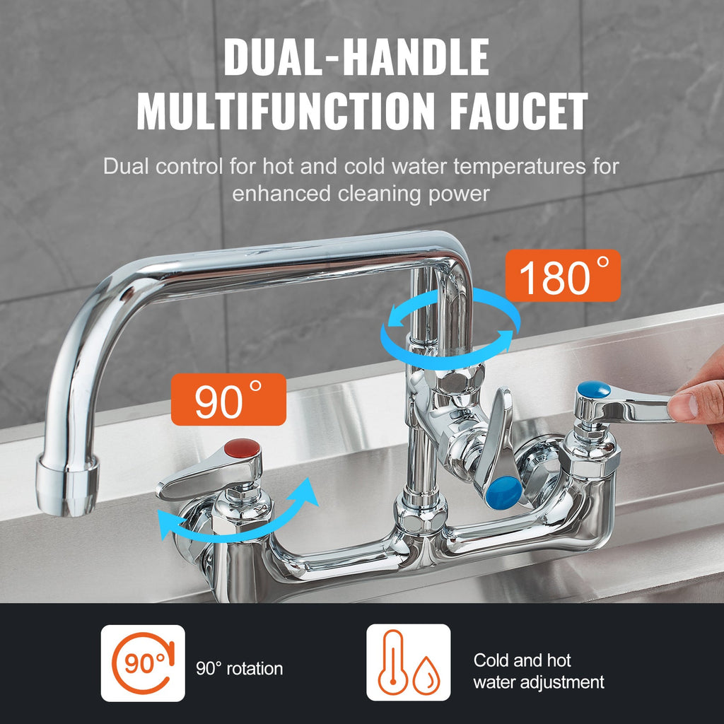 Commercial Faucet with Pre-Rinse Sprayer, 21' Height, 8' Center, 12' Swing Spout, Wall Mount Kitchen Sink Faucet, Brass Constructed Device with Pull Down Spray, for 1/2/3 Compartment Sink