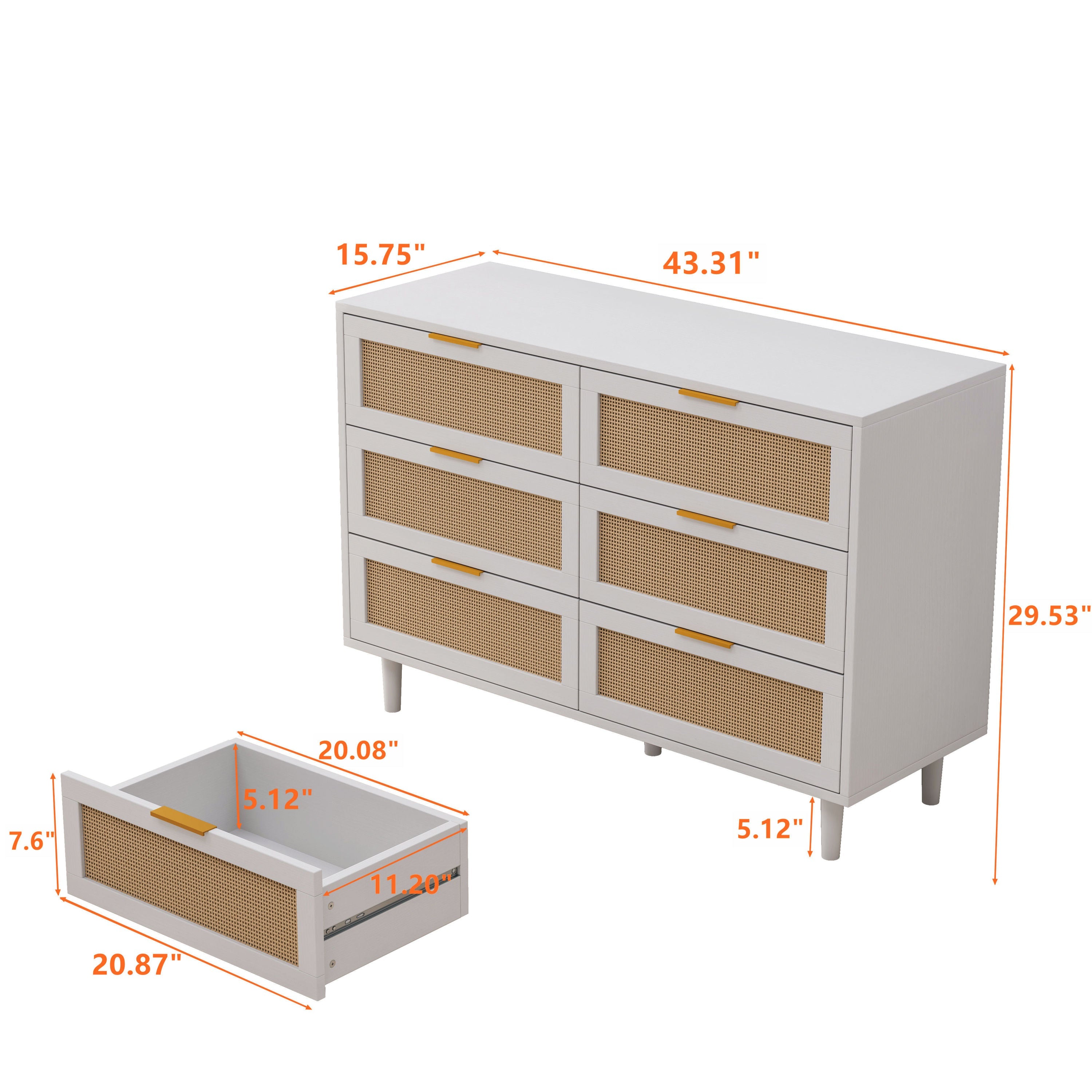 43.31'6-Drawers Rattan Storage Cabinet Rattan Drawer,for Bedroom,Living Room,White