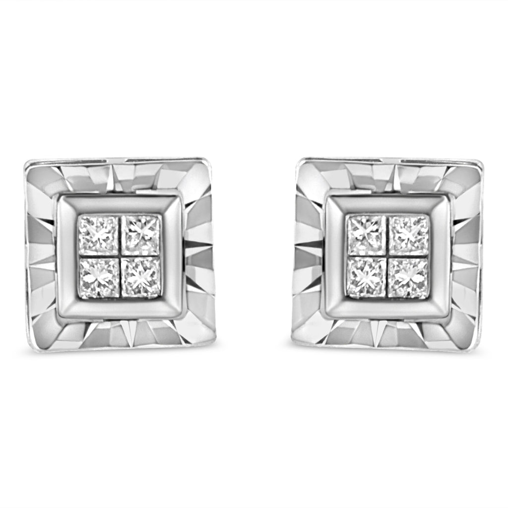 .925 Sterling Silver 1/6 Cttw Invisible Set Princess-Cut Diamond Quad Composite Stud Earrings (H-I Color, I1-I2 Clarity)