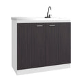 Napoles Utility Sink with Faucet Inclued and Integrated Stainless Steel Counter top, Freestanding cabinet with two doors, Metal Handles and Two interior shelves, Black & White Print