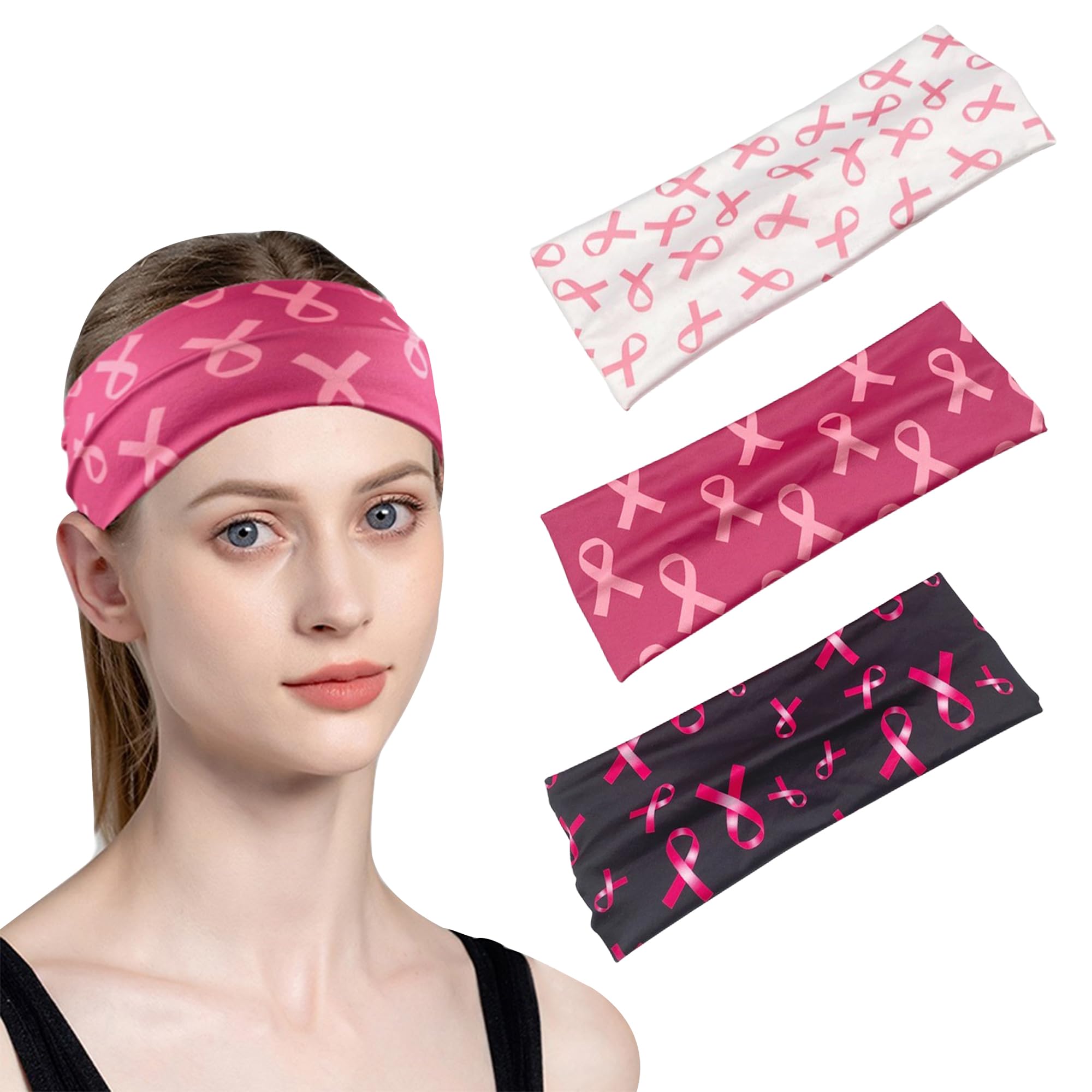 Breast Cancer Awareness Headbands for Women and Girls - Pink Ribbon Hair Accessories Elastic Wide Hair Bands for Yoga Running Non-Slip Sweat-Wicking Stretchy Hair Wraps (3 Colours)