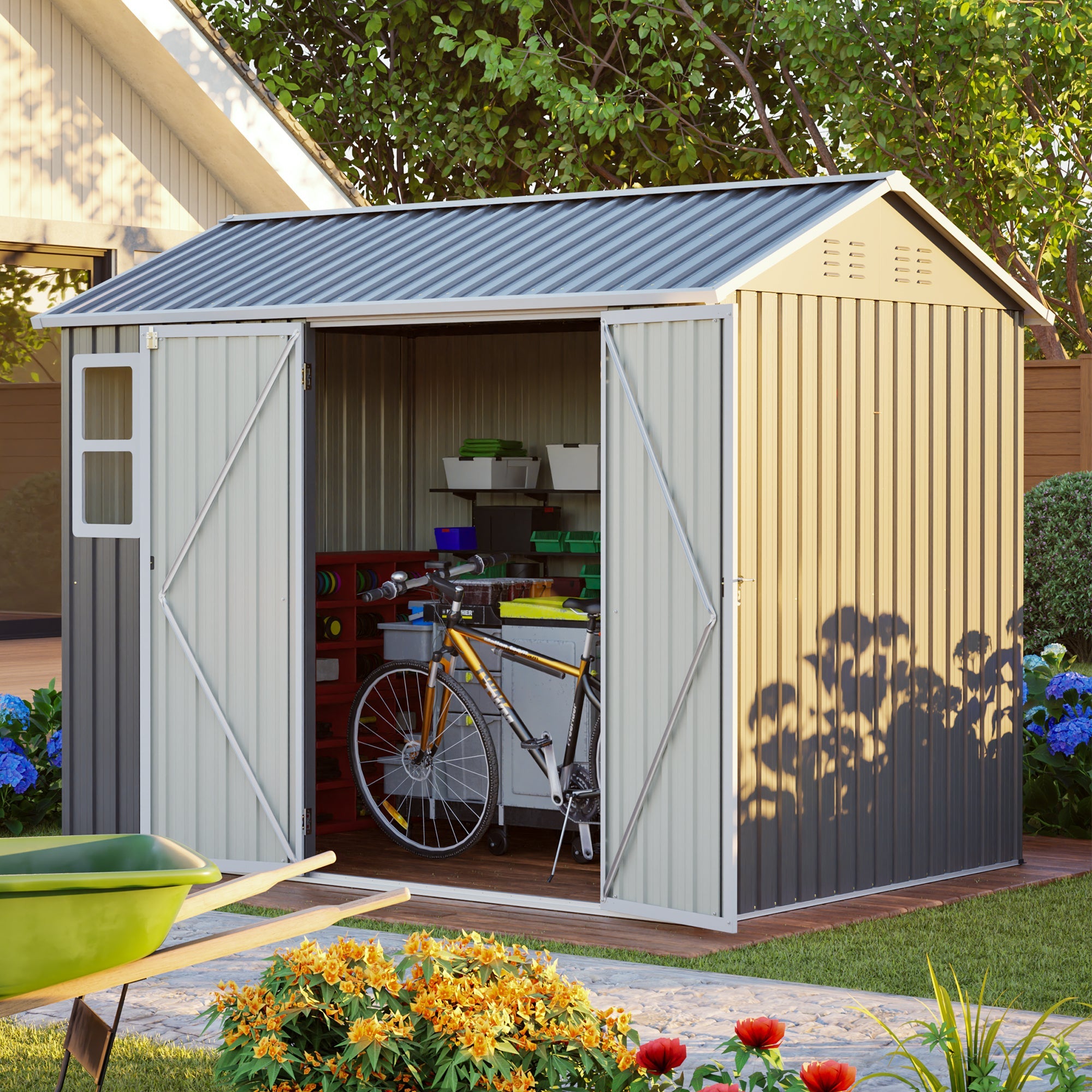 8'x6' Large Steel Storage Shed with Window, Lockable Doors & Sloped Roof, Heavy Duty Outdoor Tool Shed for Garden, Patio, Backyard, Lawn - Dark Gray