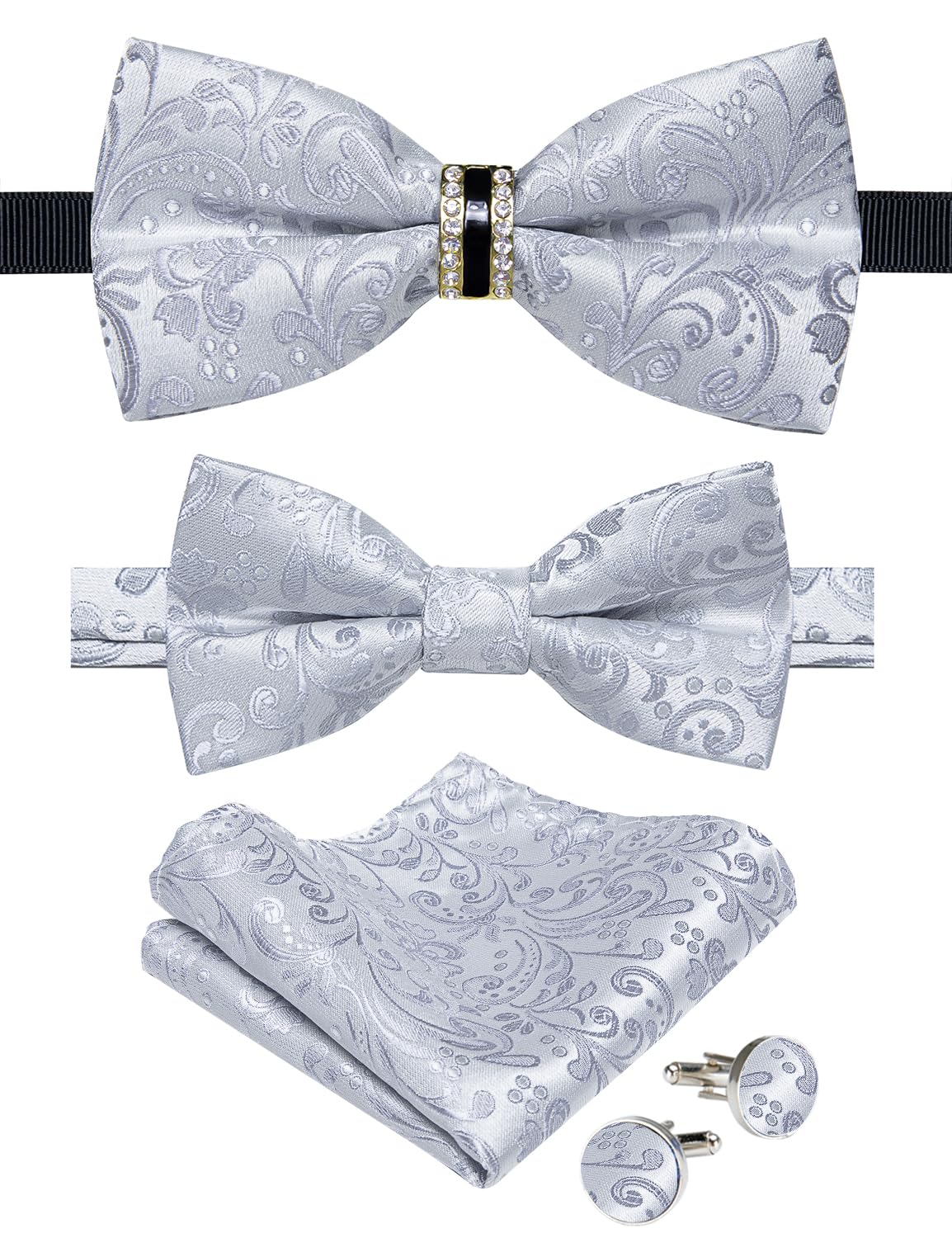 DiBanGu 2PCS Father and Son Bow Tie Silk Mens and Boys Pre-tied Bowtie & Pocket Square Cufflinks Set Kids Adjustable Bow Tie Silver