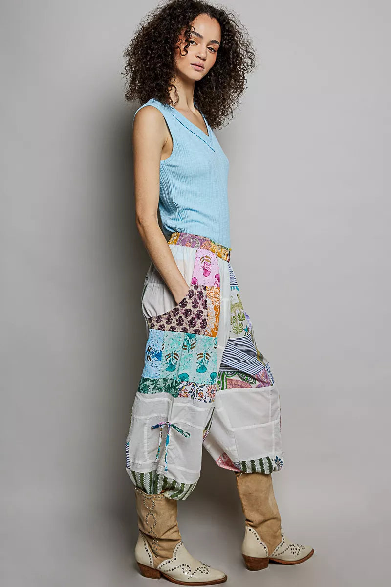POL Printed Patchwork Wide Leg Pants with Adjustable Side Drawstring
