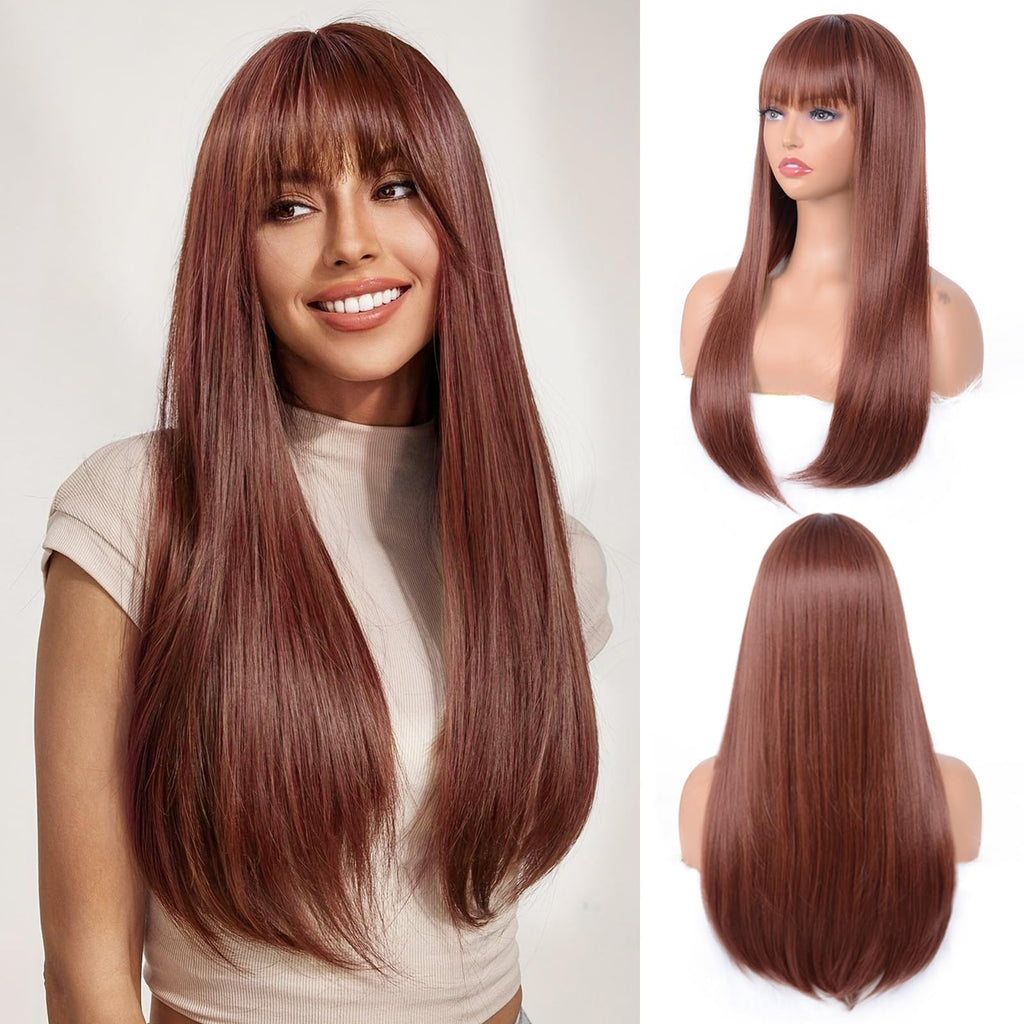 Aida ble Brown Wig With Bangs For Women Long Straight Brown wig Heat Resistant Synthetic Wig for Girls Daily Use Party Halloween Cosplay Wig 24inch