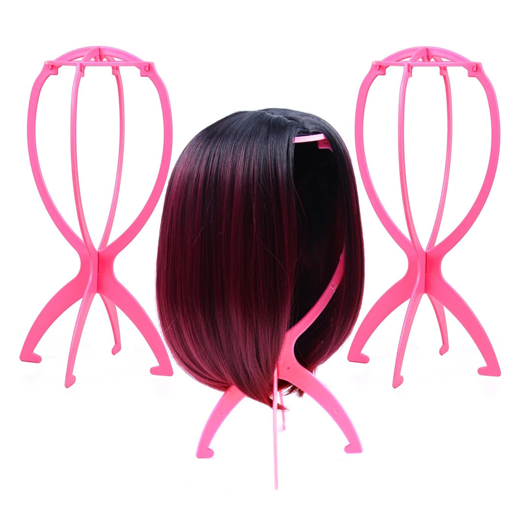 EOOCET Wig Stand Portable Wig Holder Wig Head Stand for Multiple Wigs Durable Display Stand Tool for Wig Hat and Cosplay Mask Travel Wig Stand (Pink 3 Packs)