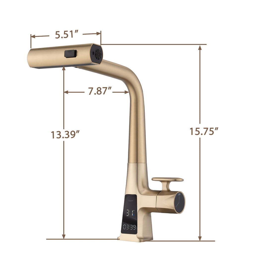 Brushed Gold Waterfall Kitchen Faucet with Temperature Display and Pull Down Sprayer