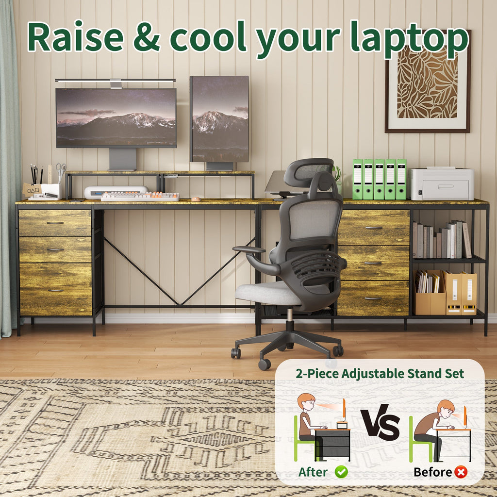 Industrial L-Shaped Computer Desk with Power Outlets & USB-C, Rustic Brown Metal Frame, 6 Fabric Drawers, 3 Open Shelves, Movable Monitor Stands, 114 Inch Corner Office Desk for Gaming and Work