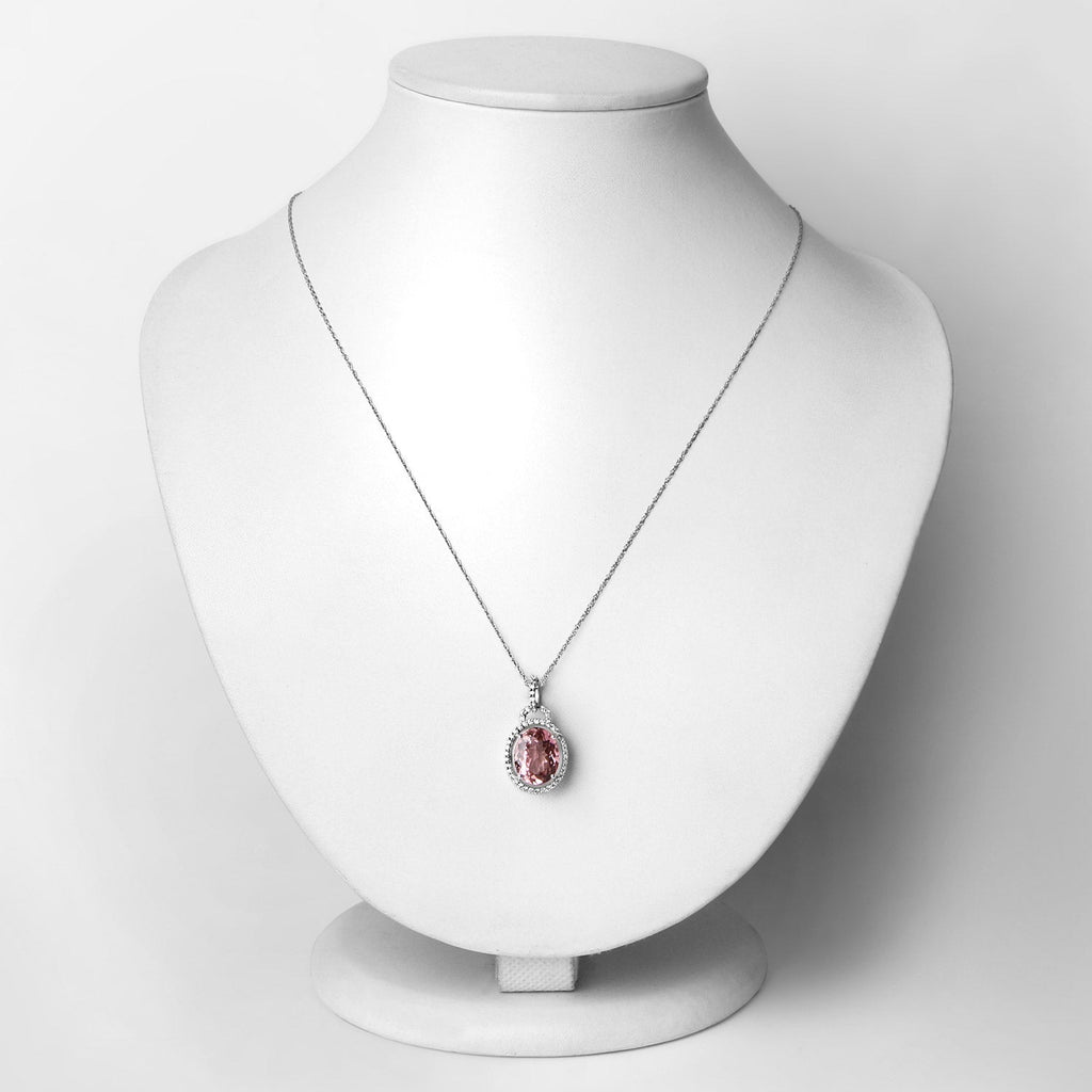 3.90 Carat Genuine Pink Tourmaline and White Diamond 14K White Gold Pendant