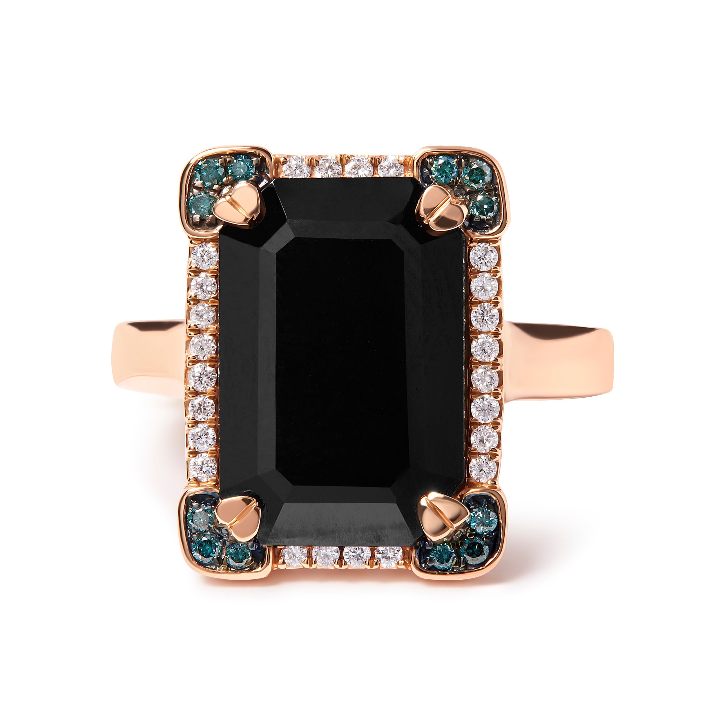 14K Rose Gold 15x10 MM Emerald-Cut Black Onyx and 1/5 Cttw Blue and White Diamond Halo Cocktail Ring (G-H Color, SI1-SI2 Clarity)- Size 7
