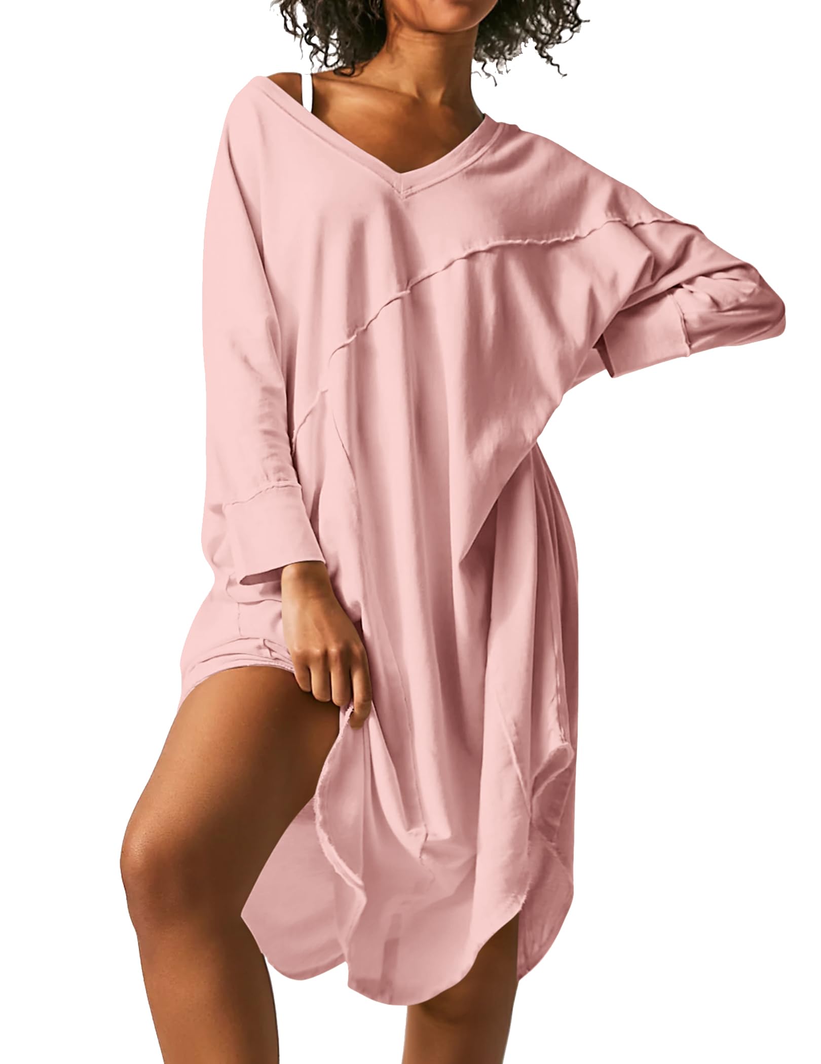Ekouaer Womens Nightgown Long Sleeve Sleepshirt V Neck Nightshirt Casual Loungewear Soft SleepwearPinkL