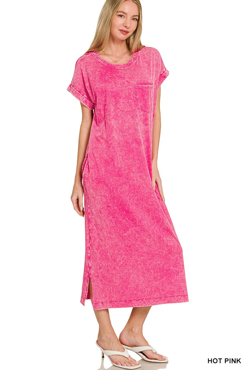 Zenana Washed Exposed Seam Short Sleeve T-Shirt Dress