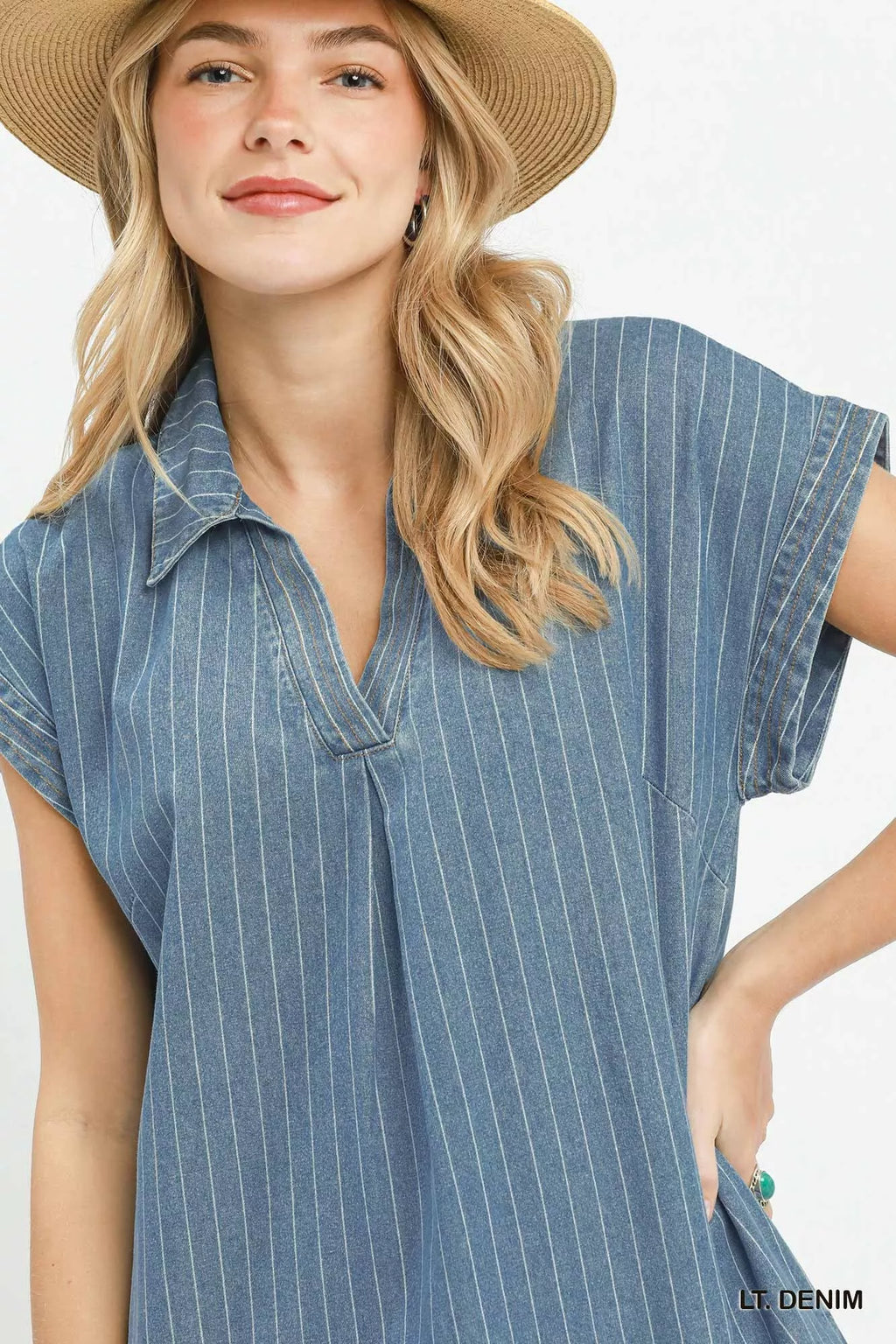 Umgee Pinstripe Denim Collared Midi Dress with Side Slits