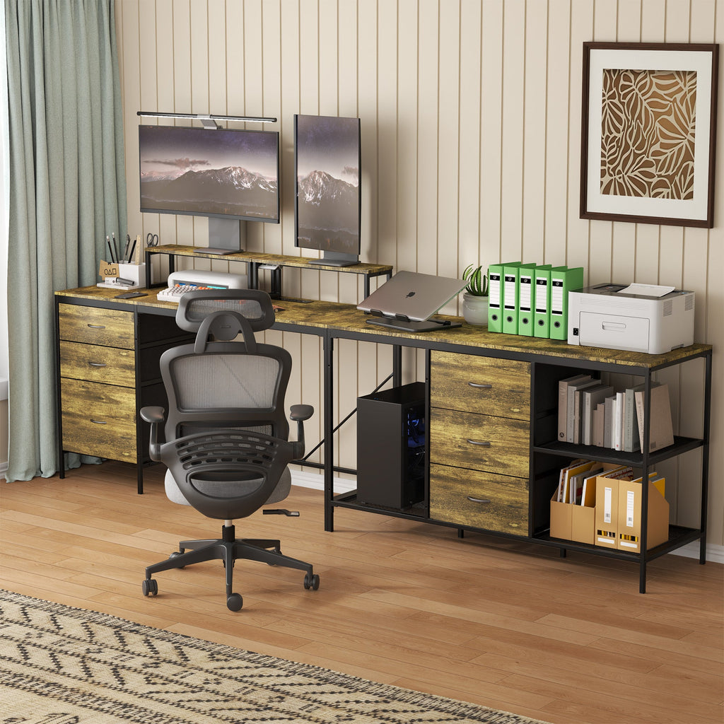 Industrial L-Shaped Computer Desk with Power Outlets & USB-C, Rustic Brown Metal Frame, 6 Fabric Drawers, 3 Open Shelves, Movable Monitor Stands, 114 Inch Corner Office Desk for Gaming and Work