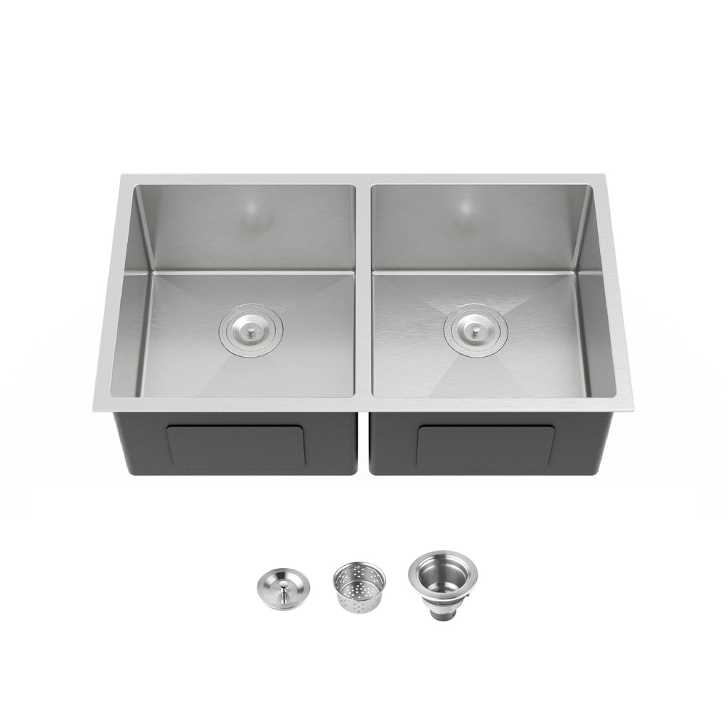 33'x19' Embedded Double Bowl Kitchen Sink, Undermount Handmade Sink in Brushed (Sink only)