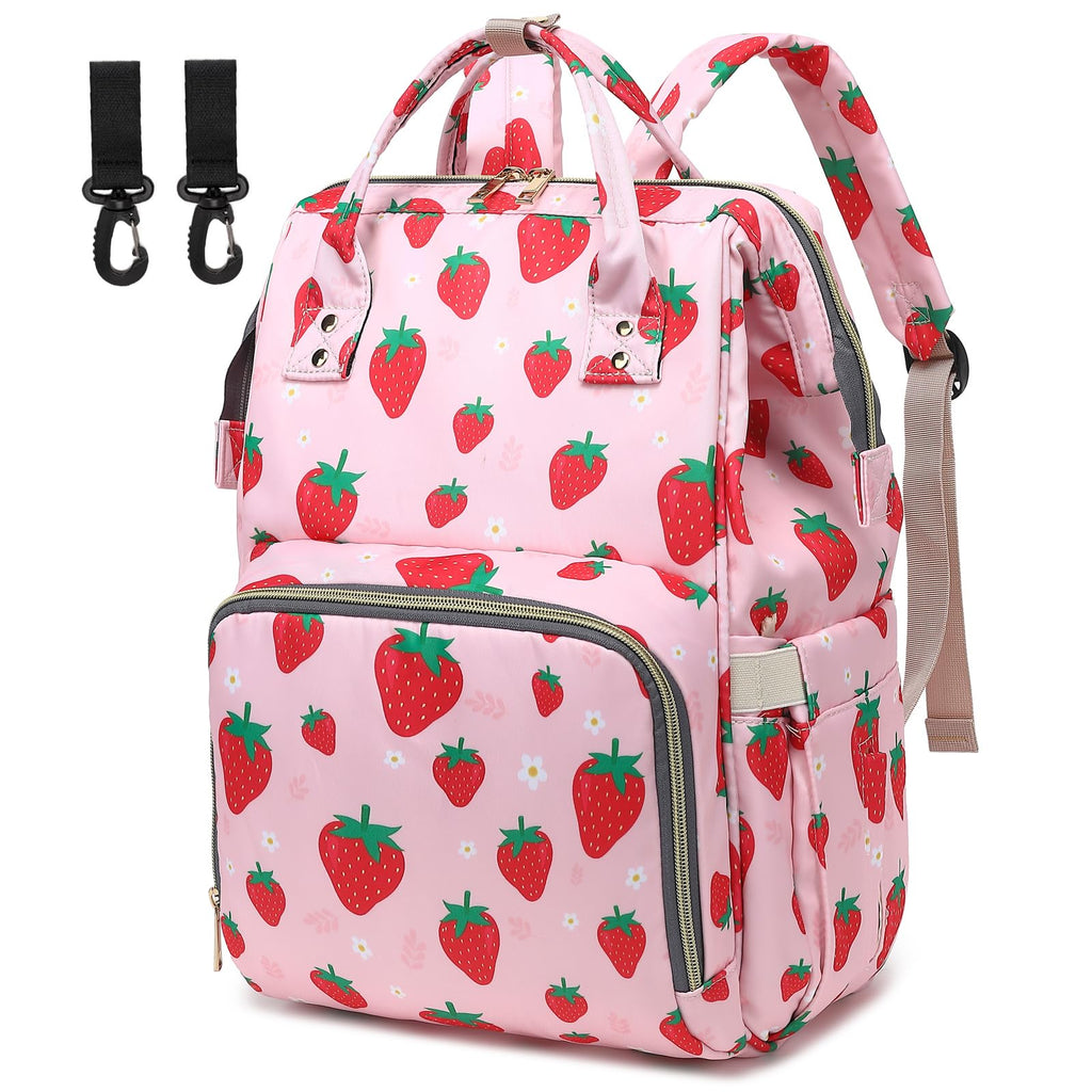Yusudan Strawberry Diaper Bag Backpack for Baby Girls Mom Waterproof Large Nappy Bags for Women