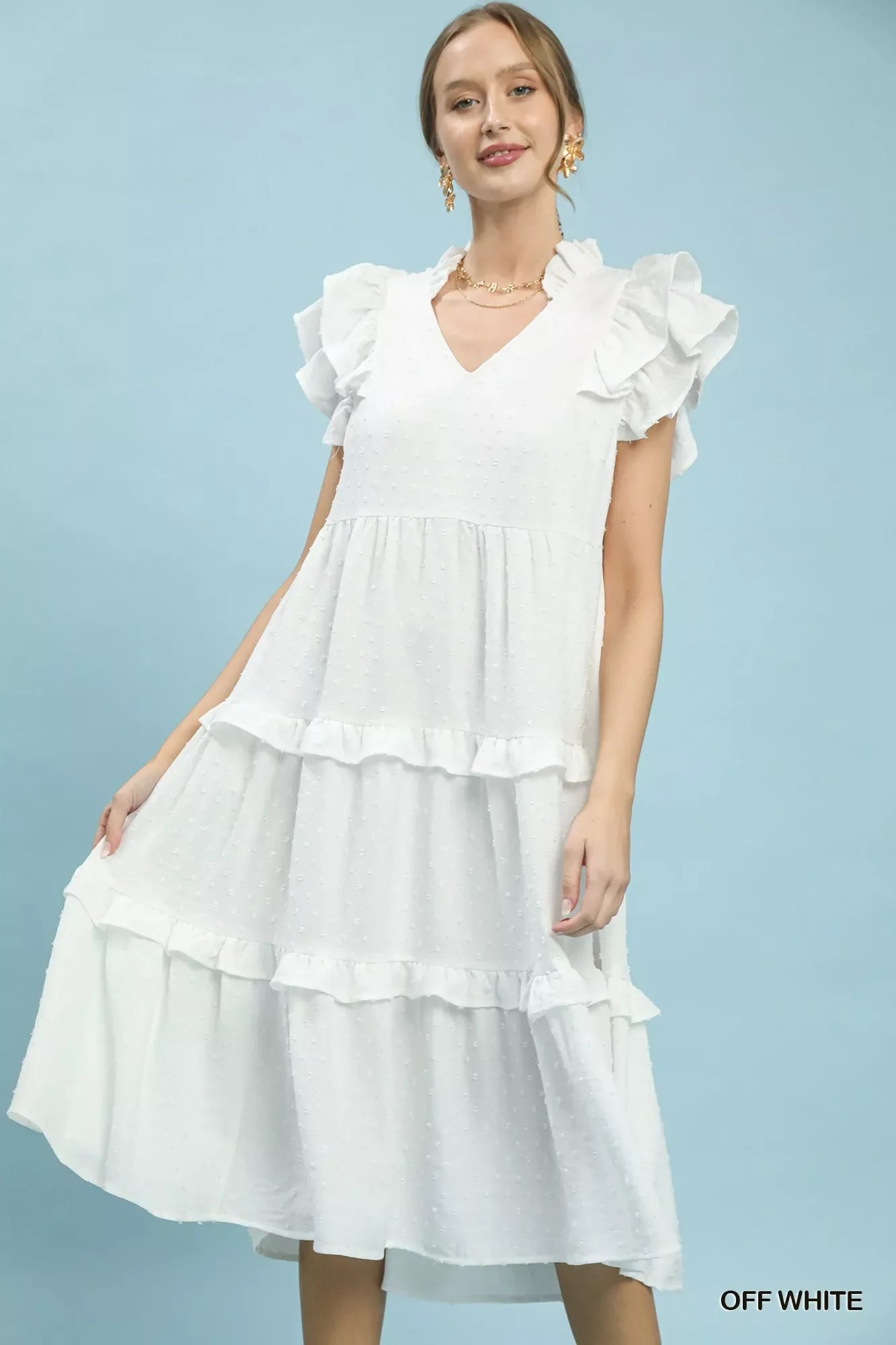 Umgee Textured Ruffle Sleeve Tiered Midi Dress