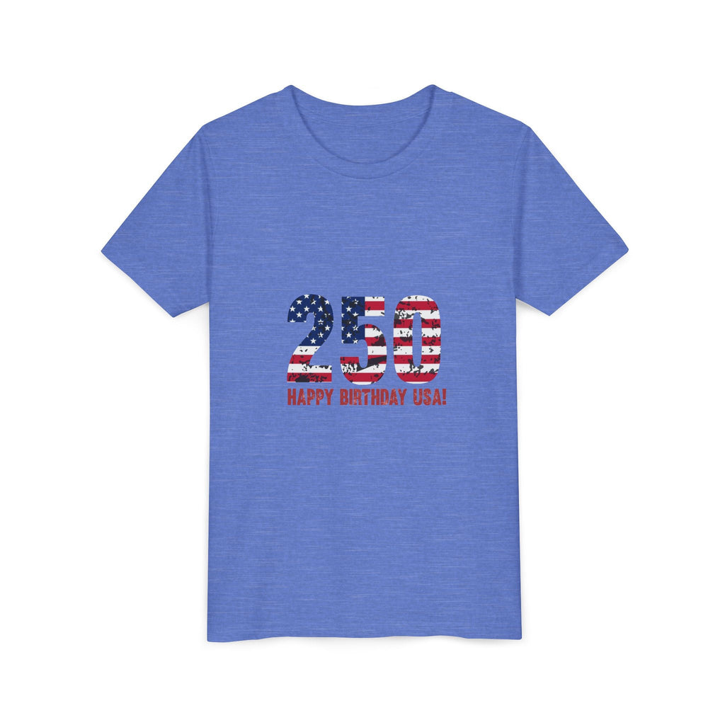 Youth Tee — "250 Happy Birthday USA!" Patriotic American Flag Kids Shirt