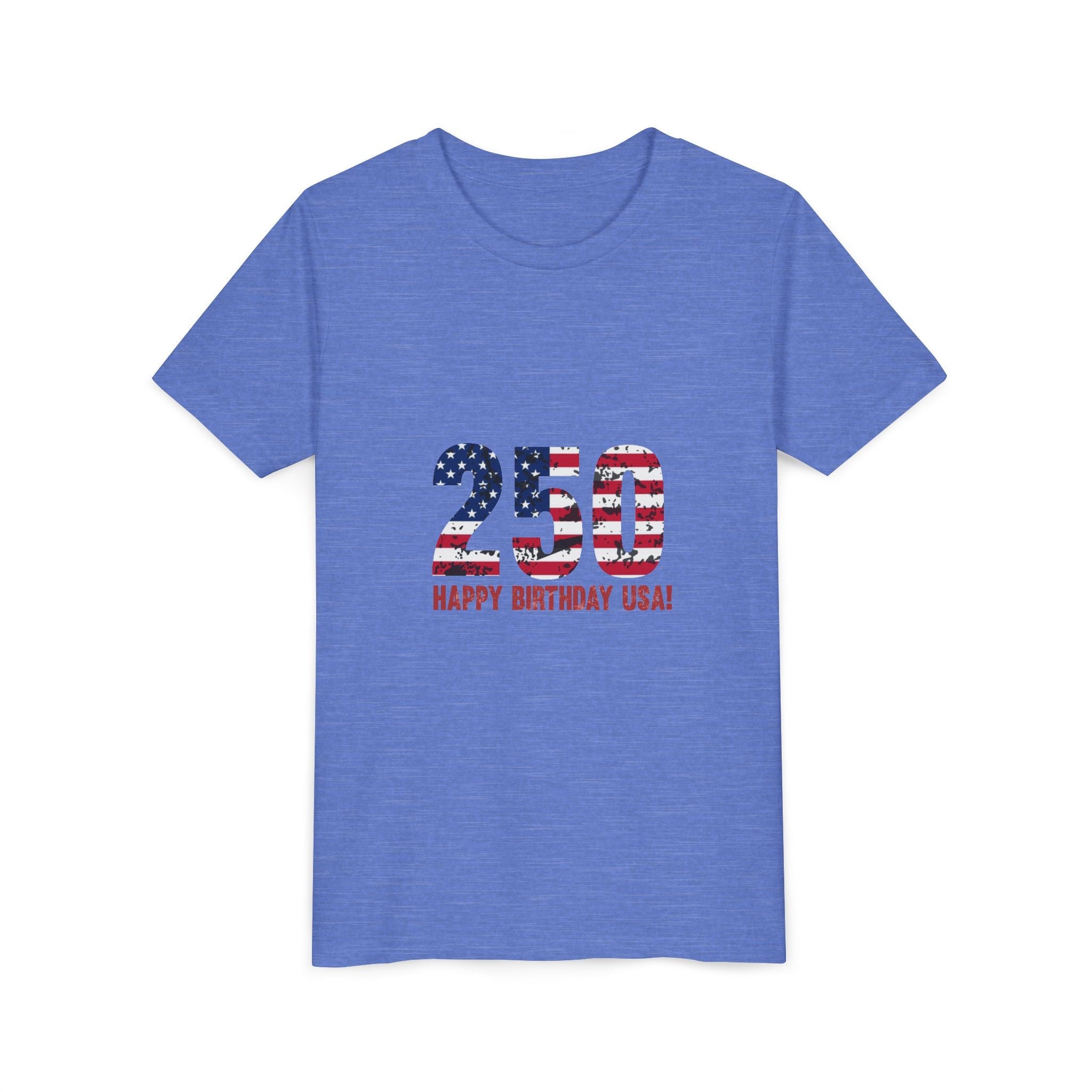 Youth Tee — "250 Happy Birthday USA!" Patriotic American Flag Kids Shirt