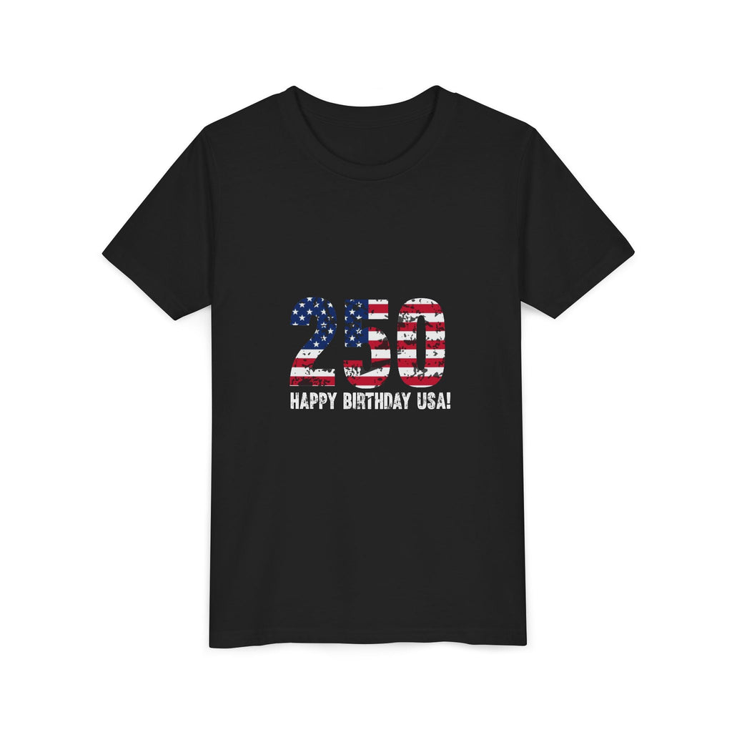 Youth Tee — "250 Happy Birthday USA!" Patriotic American Flag Kids Shirt