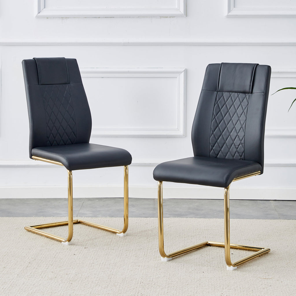 Modern dining chairs with faux leather padded seats, dining room chairs, gold metal leg upholstered chairs, suitable for kitchens, living rooms, bedrooms, and offices, set of 6 (black+PU leather)C-001