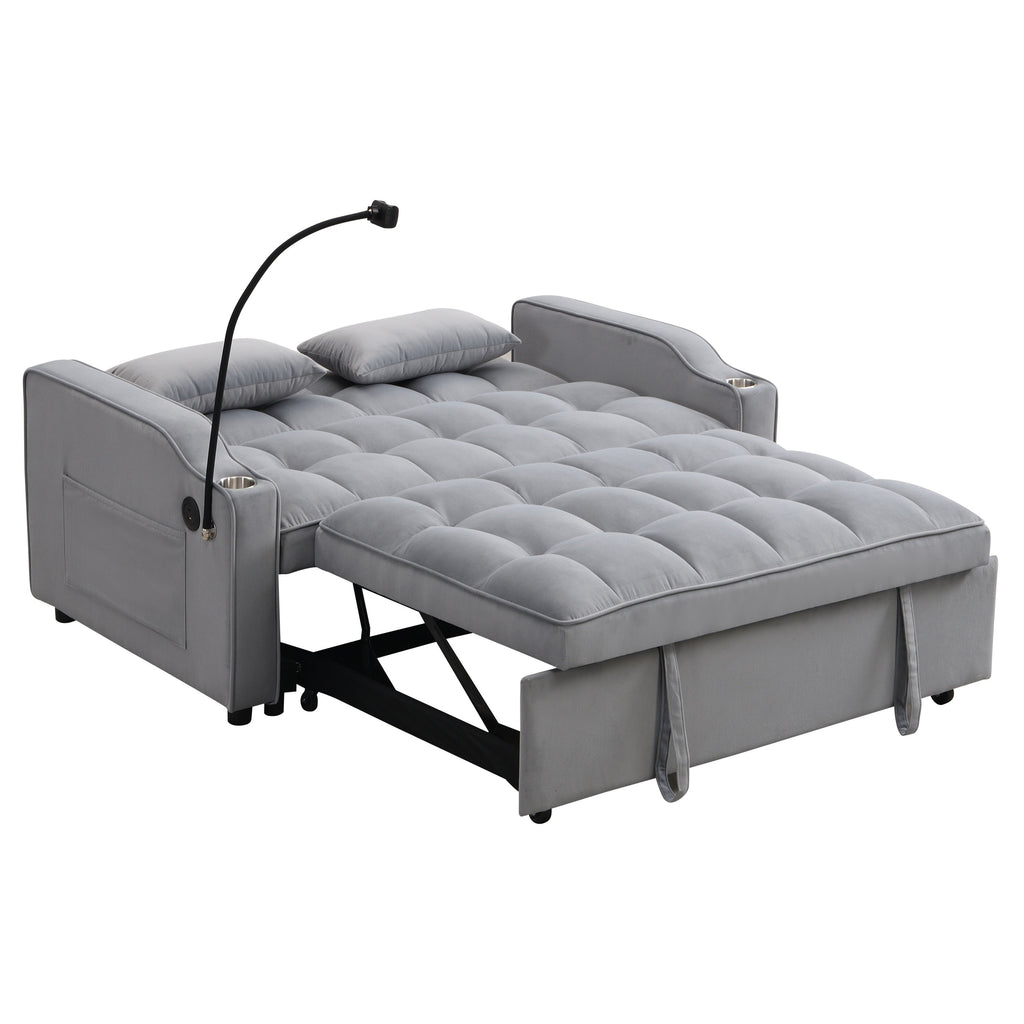 Modern Velvet Loveseat Futon Sofa Couch with Pullout Bed, Adjustable Backrest, Toss Pillows, Light Gray