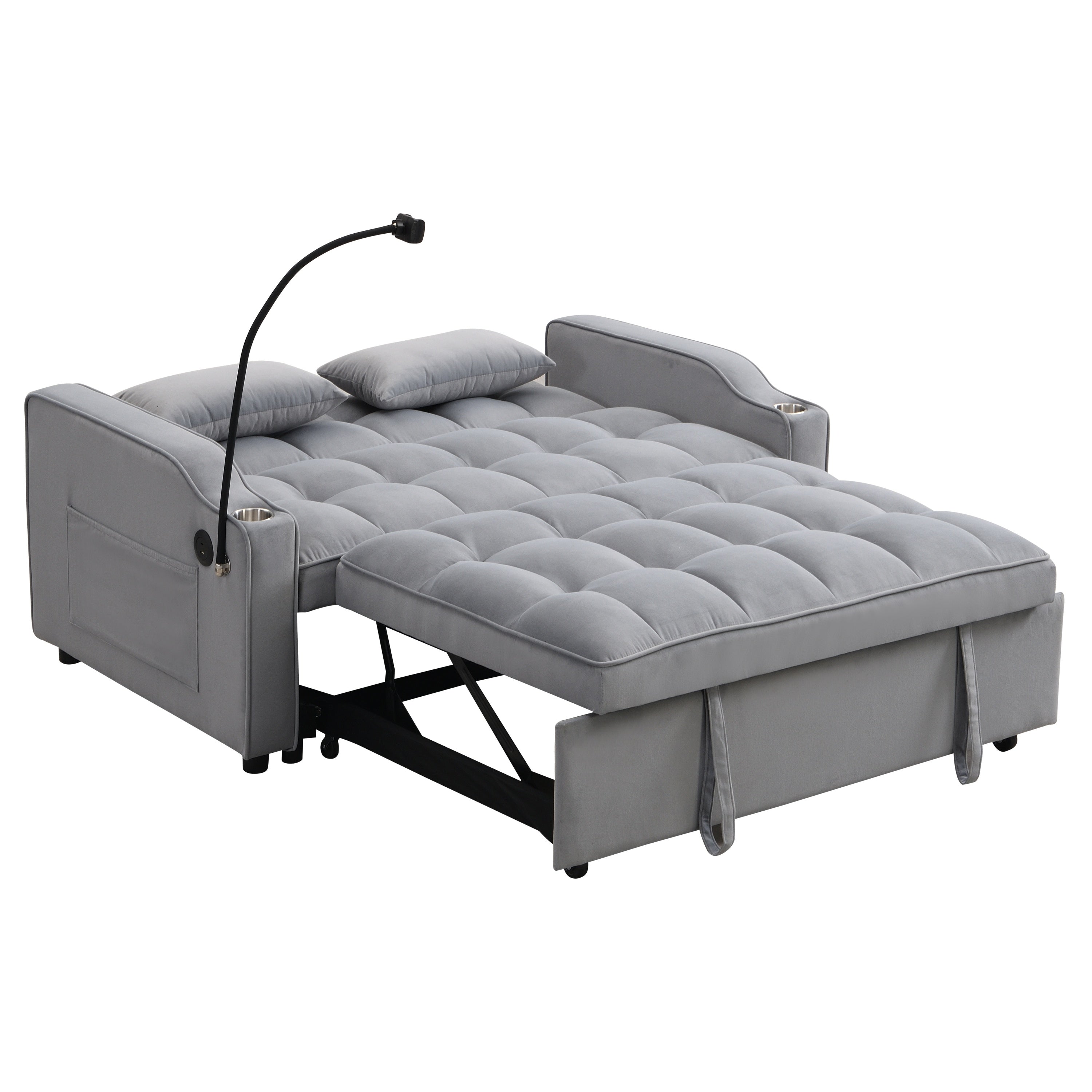 Modern Velvet Loveseat Futon Sofa Couch with Pullout Bed, Adjustable Backrest, Toss Pillows, Light Gray