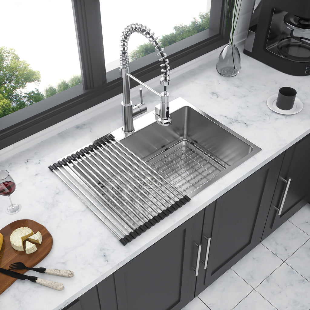 Modern Brushed Nickel 30 x 22 Inch Kitchen Sink Drop-In 16 Gauge Stainless Steel Single Bowl Topmount Basin