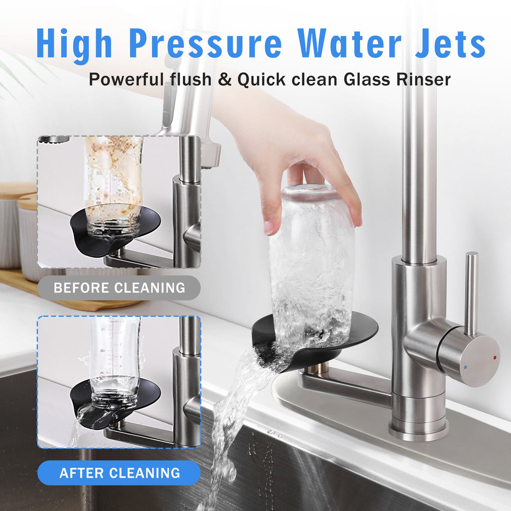 3-in-1 Kitchen Faucet with Press-Type Glass Rinser, High-Arc Pull-Down Sprayer, 3 Function Spray Mode, Brushed Nickel Finish, 9.44-Inch Spout Height, Stainless Steel & ABS Construction