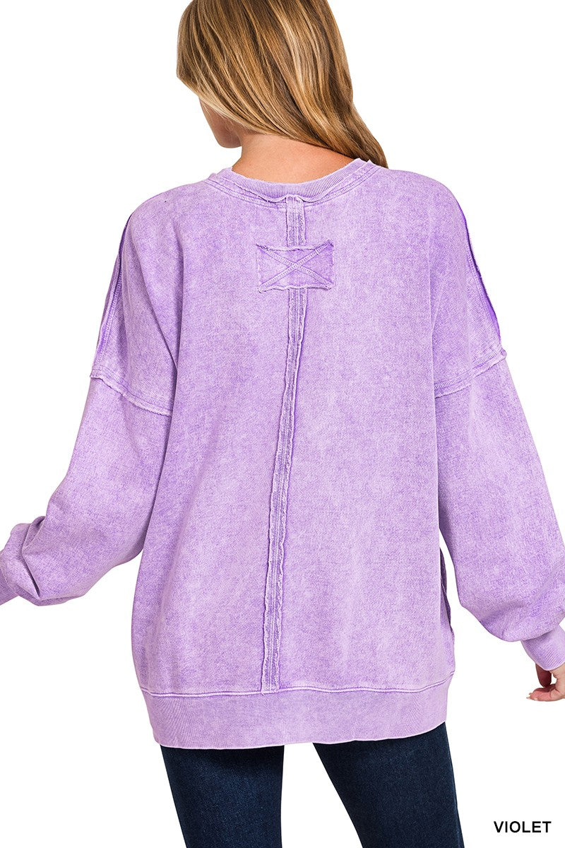Zenana Halo Washed French Terry Exposed-seam Sweatshirt