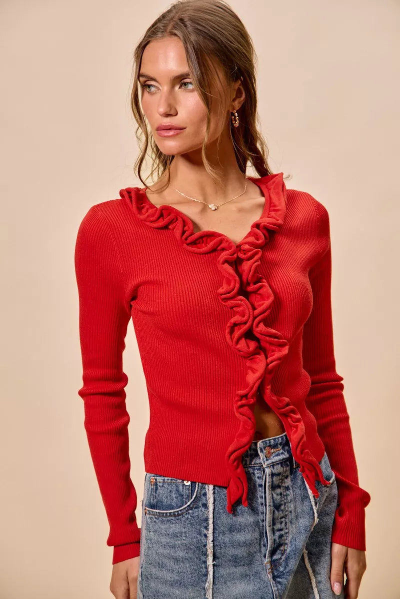 SO ME Cascade Ruffle Ribbed Sweater Cardgian