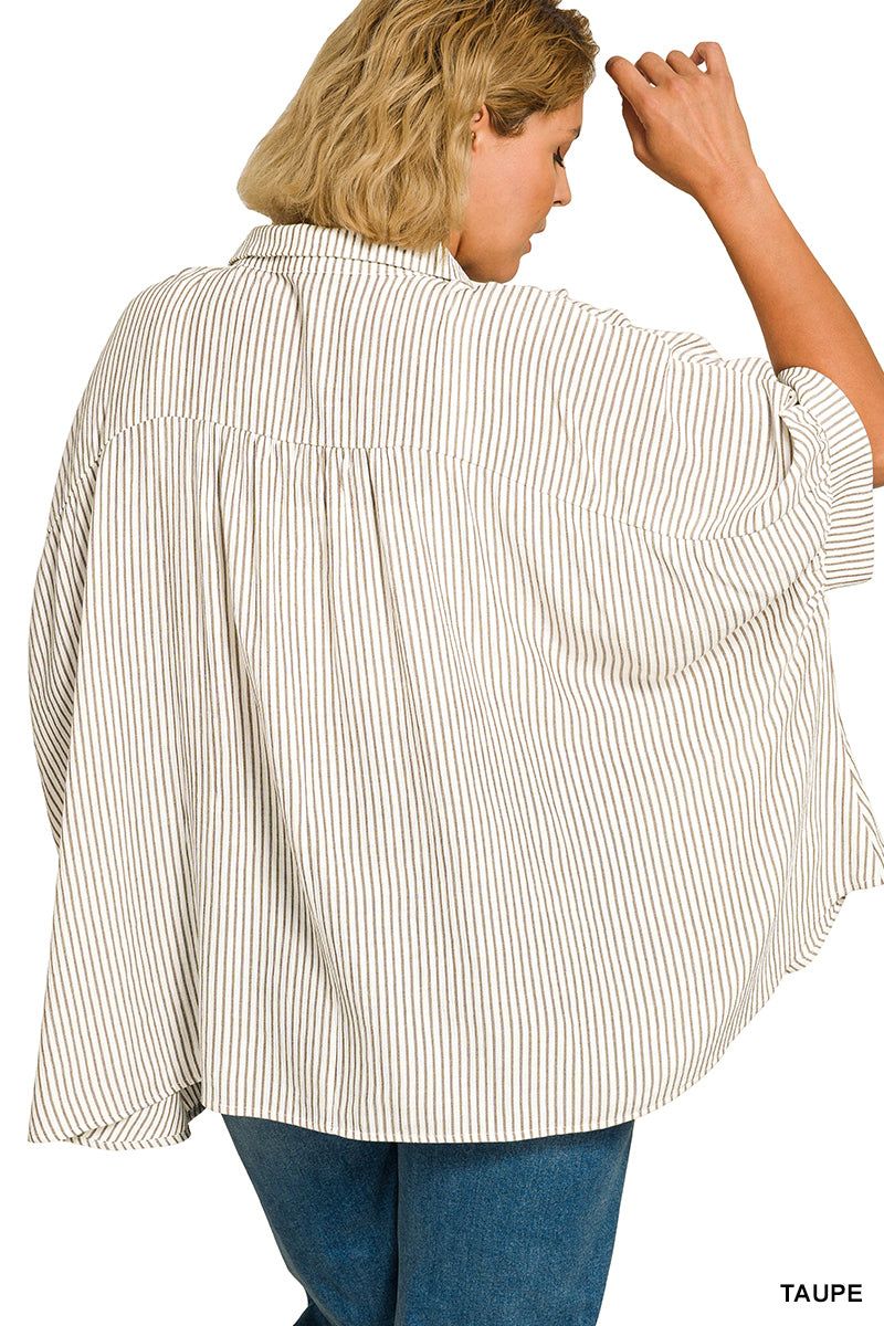 Zenana Full Size Woven Stripe Button Down Boxy Shirt Plus Size