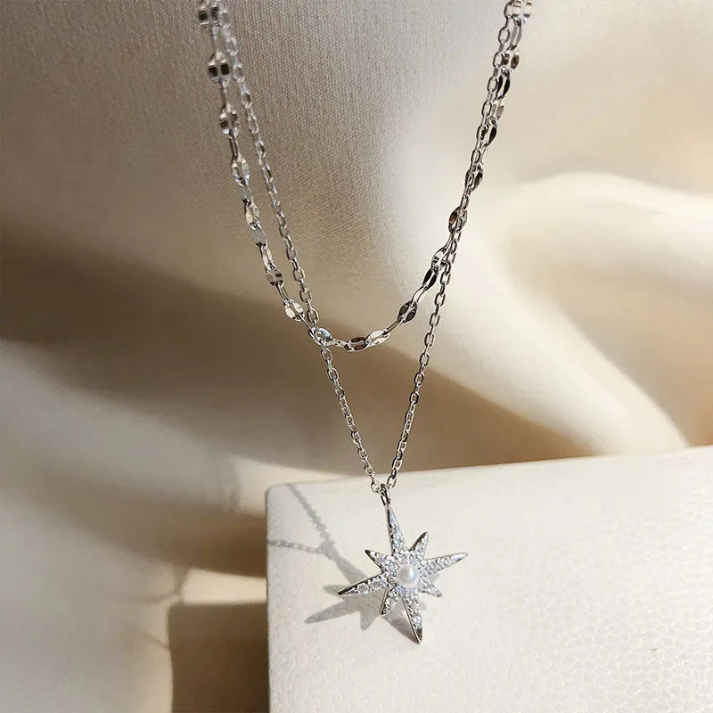 Stars, Moon, Six-pointed Star Double Necklace Female Sterling Silver Clavicle Chain