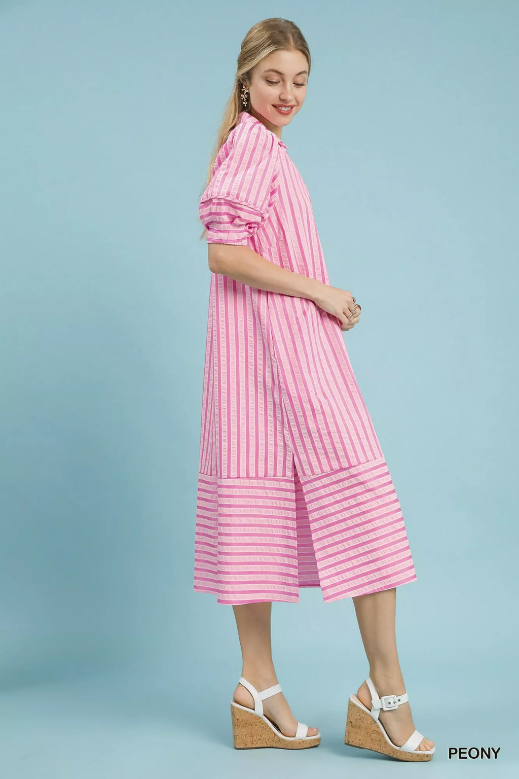 Umgee Striped Puff Sleeve Midi Dress