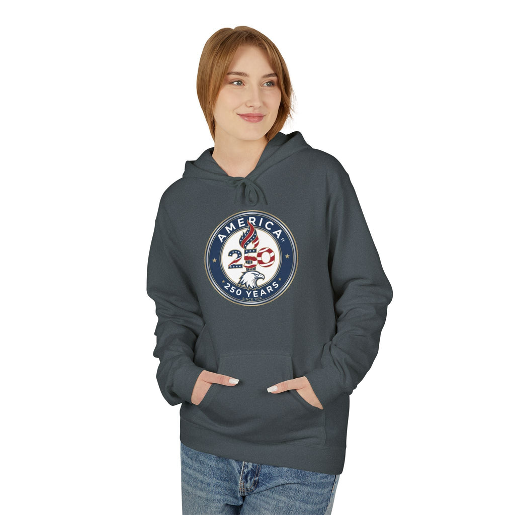 America 250 Years Badge Hoodie – USA Flag Patriotic Celebration Pullover
