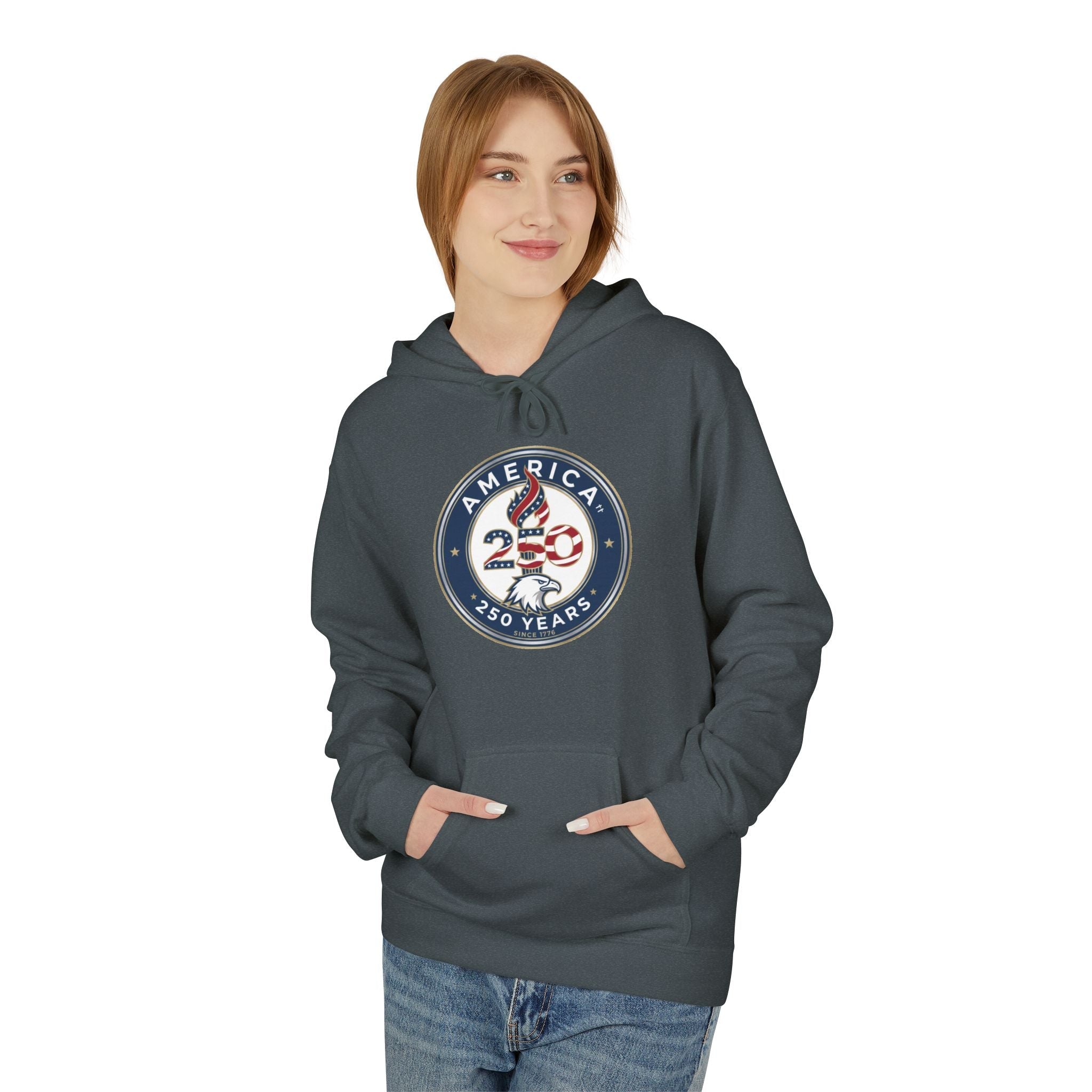 America 250 Years Badge Hoodie – USA Flag Patriotic Celebration Pullover