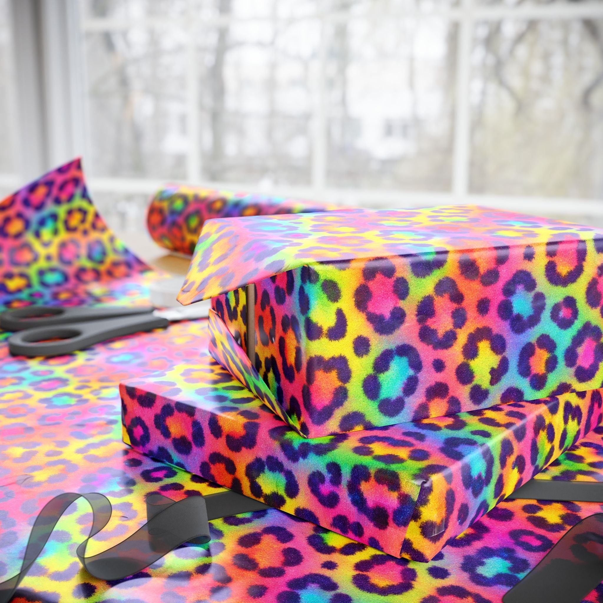 Bespattered Facade Rainbow Leopard Wrapping Paper | Three Sizes | Glossy or Matte
