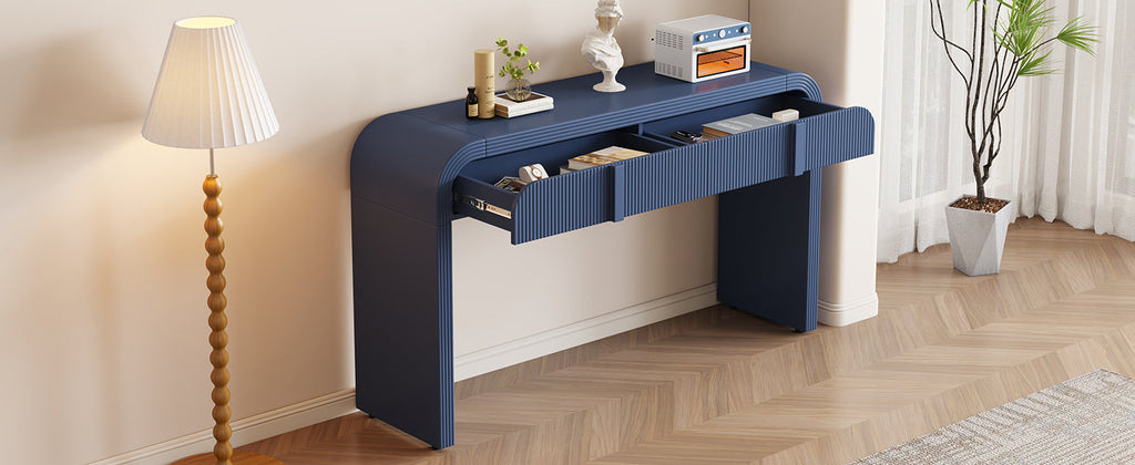 TREXM Modern Console Table with 2 Storage Drawers, Fluted Entryway Table with Rounded Silhouette for Hallway Living Room and Entryway (Navy Blue)