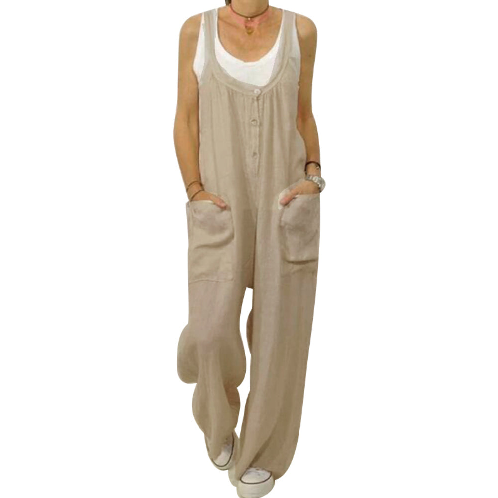Casual Women's Sleeveless Cotton Linen Wide Leg Jumpsuit