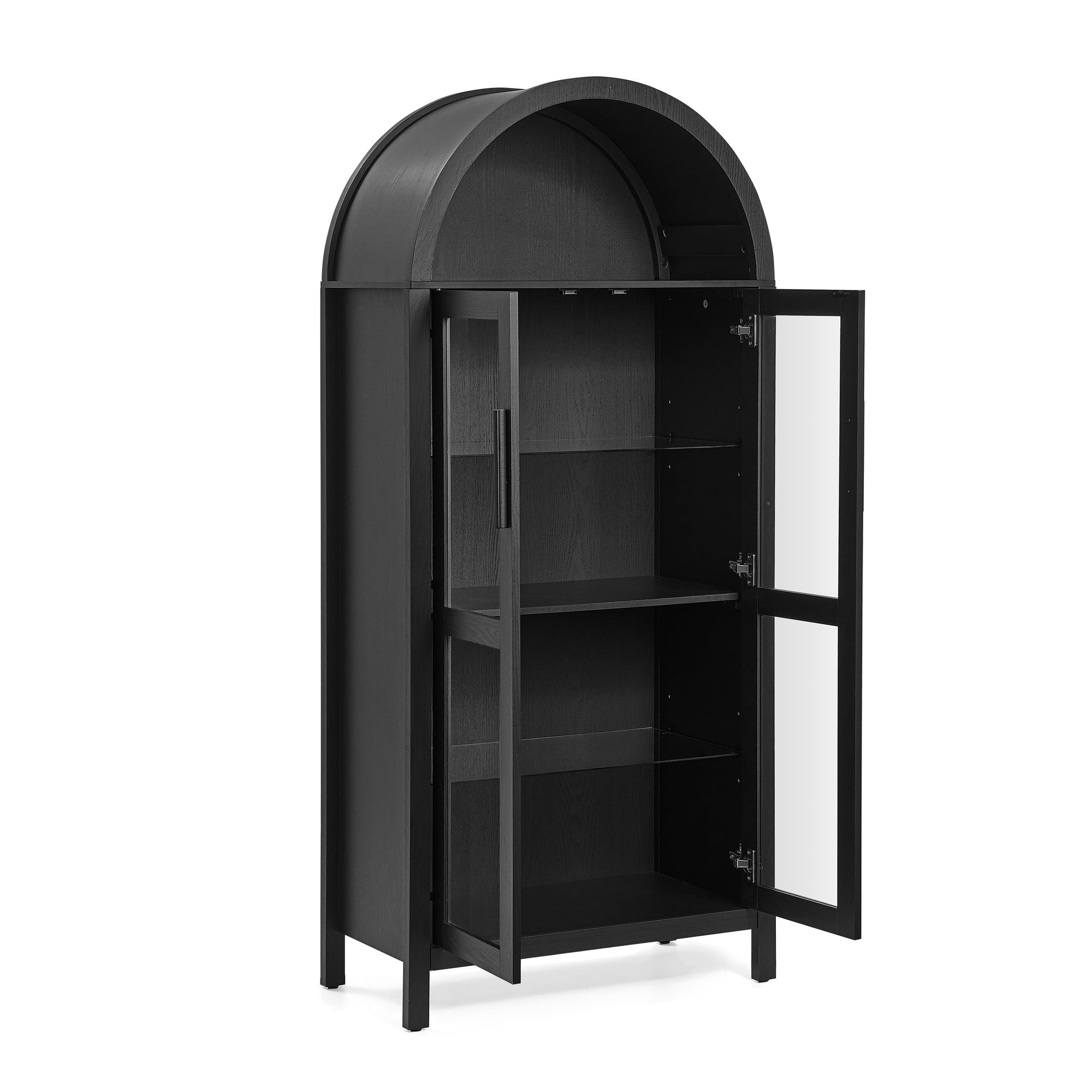 A high arched storage cabinet with a lamp, a modern retro-style wooden storage cabinet with adjustable glass partitions, suitable for use as a multi-functional cabinet in kitchens-Black