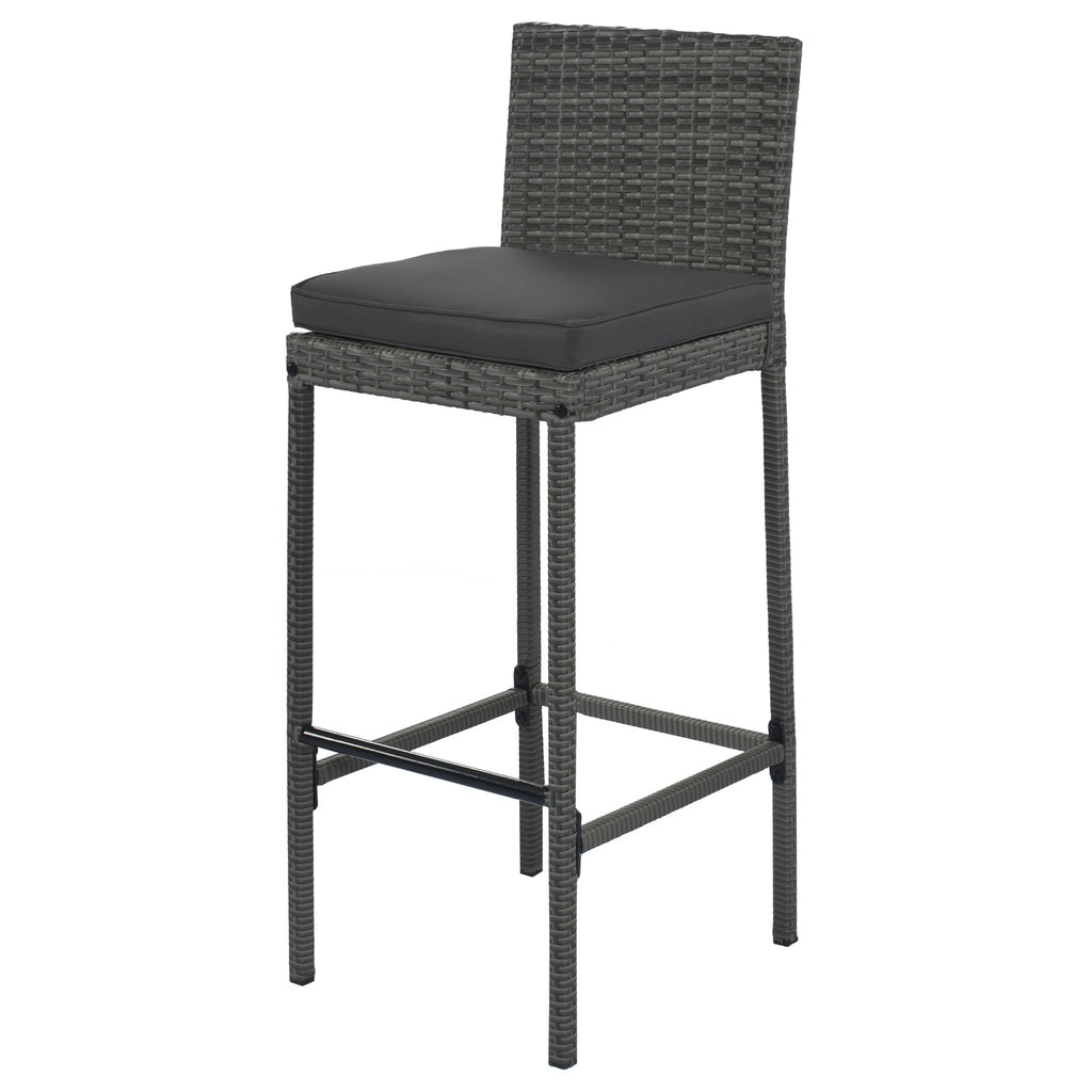 5-piece Outdoor Patio Wicker Bar Set, Bar Height Chairs With Non-Slip Feet And Fixed Rope, Removable Cushion, Acacia Wood Table Top, Brown Wood And Gray Wicker