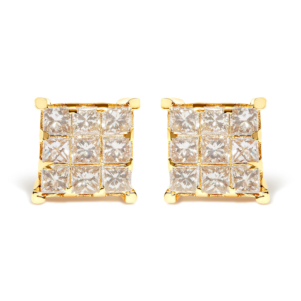14K Yellow Gold 1 1/2 Cttw Invisible Set Princess-Cut Diamond 9 Stone Square Stud Earrings (J-K Color, SI2-I1 Clarity)