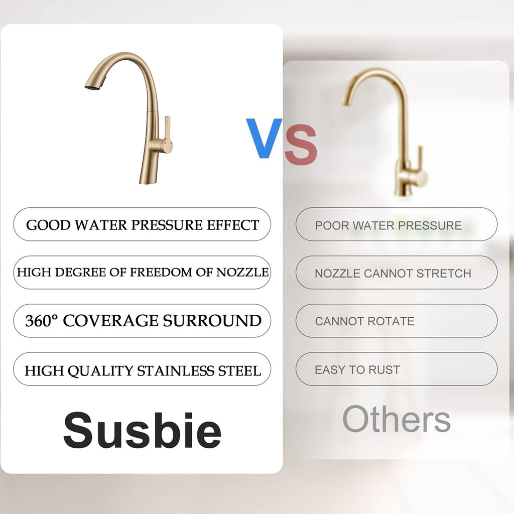 Elegant Single Handle Stainless Steel Pull Out Kitchen Faucet Brushed Gold with High-Arch Spout